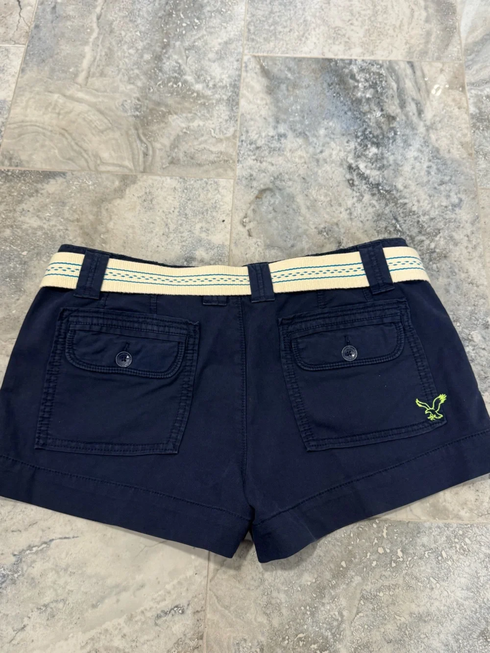 Y2K American Eagle Outfitters Navy Mini Shorts with Cream & Teal Belt